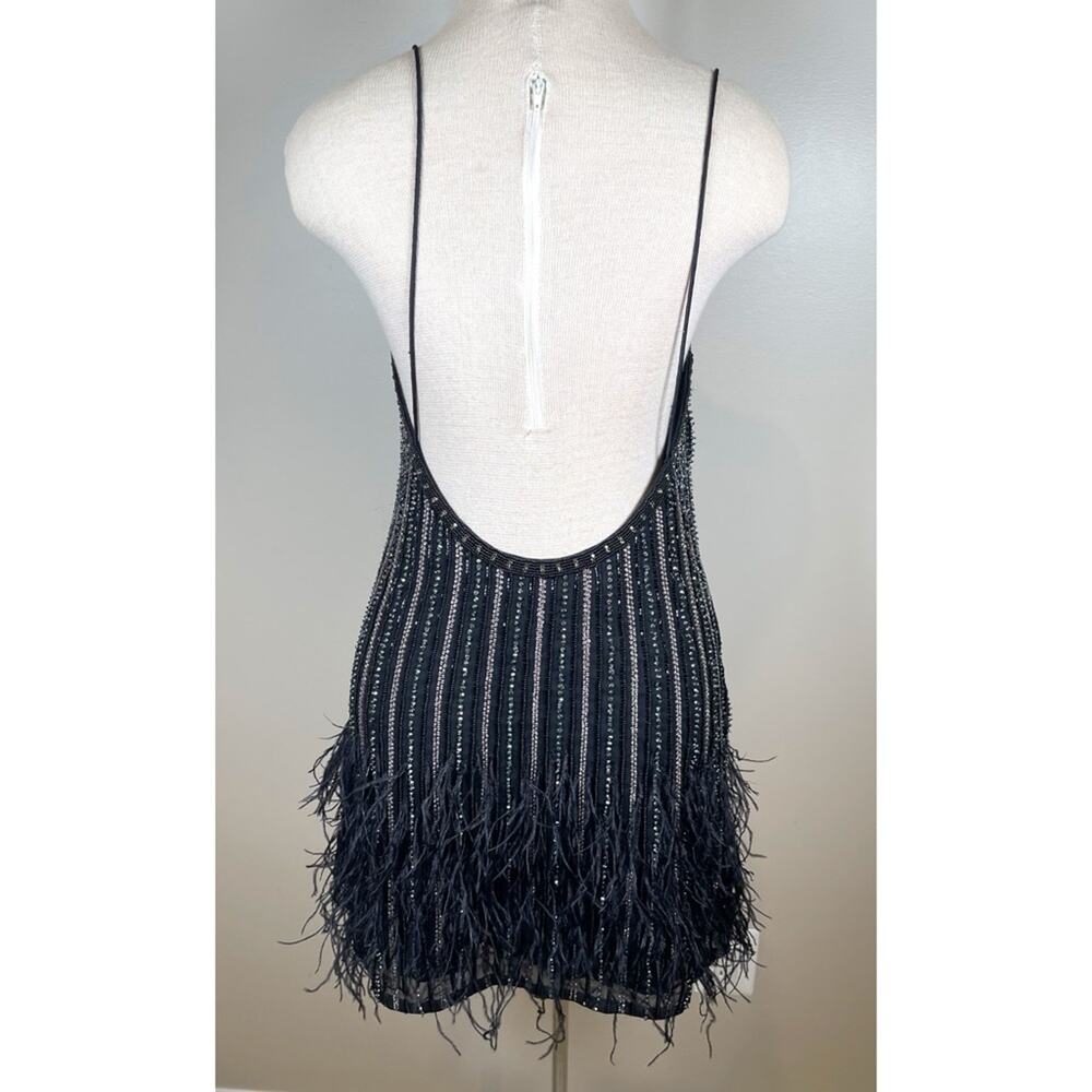 Retrofete Black and Silver Rubina Sequin Feather Hem Mini Dress Size Medium - Picture 8 of 12